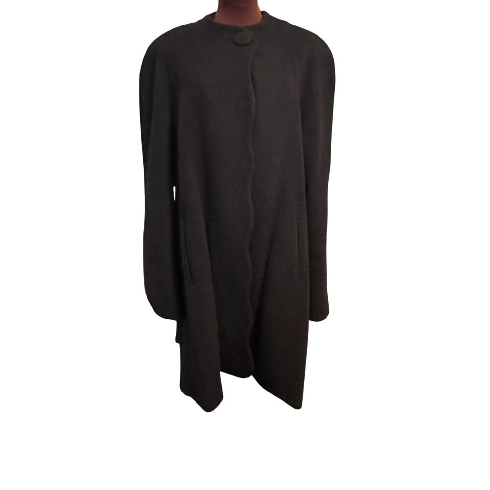 Vintage Neiman Marcus Black Wool Swing Coat Sculptural w NM Hanging Bag Size 16